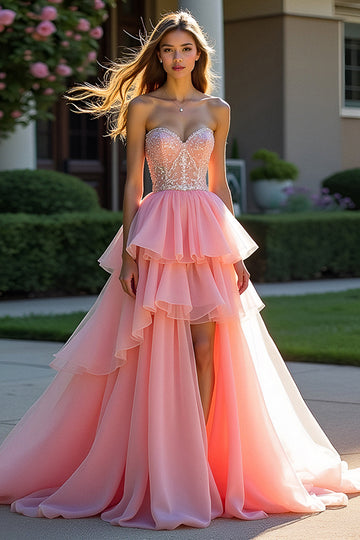 Sparkly Pink Tiered Strapless Ruffled Beaded Long Formal Dress